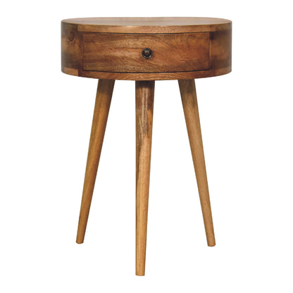 Table de chevet mini ronde en manguier massif teinte naturelle, tiroir à bouton brillant