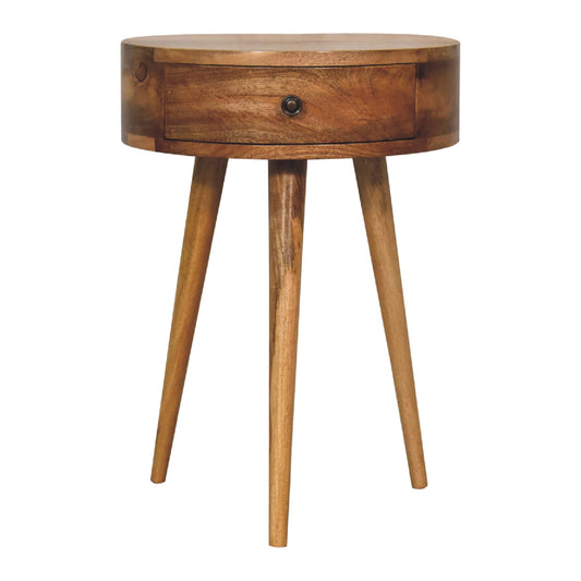 Table de chevet mini ronde en manguier massif teinte naturelle, tiroir à bouton brillant