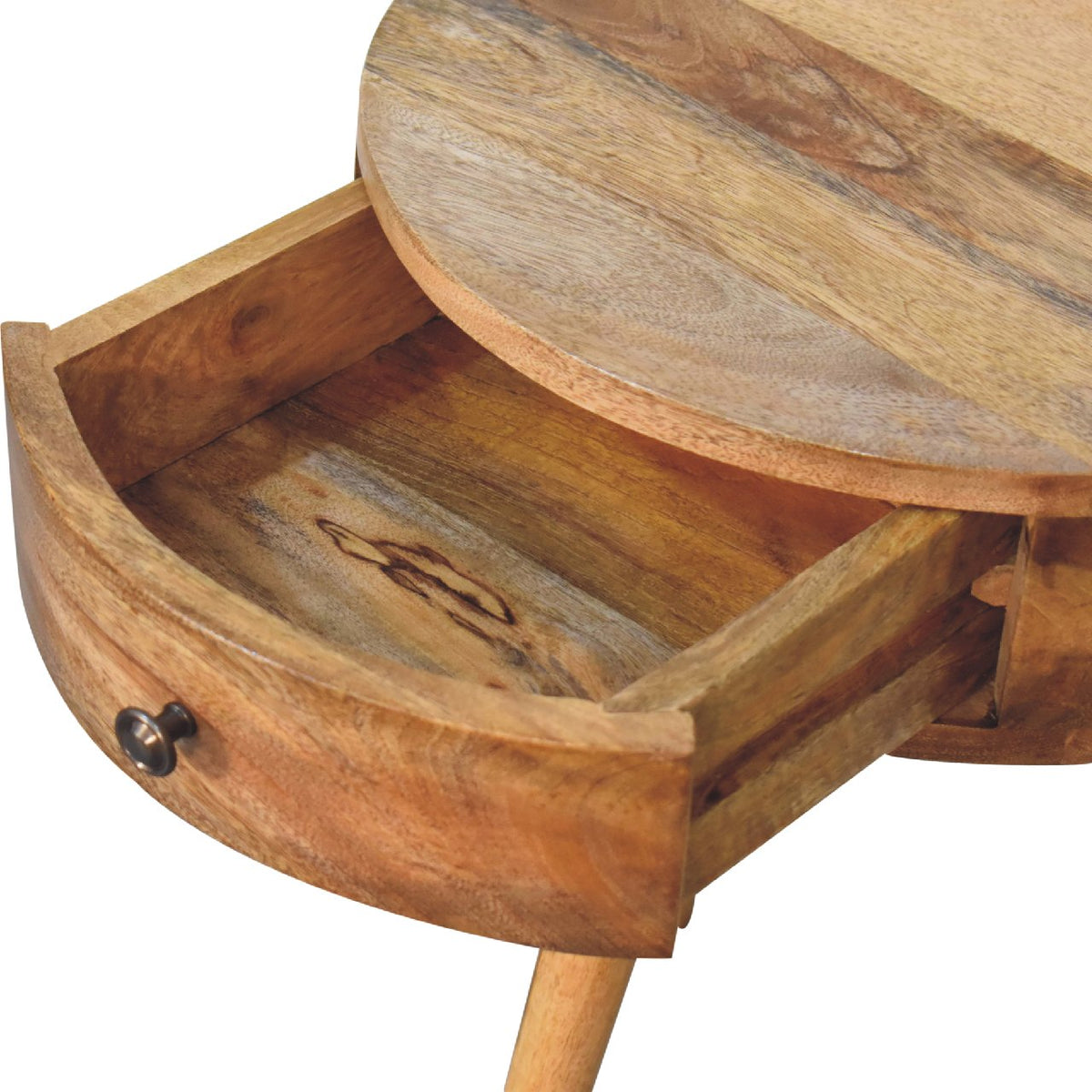 Table de chevet mini ronde à tiroir en manguier massif – Naturel – vue 6