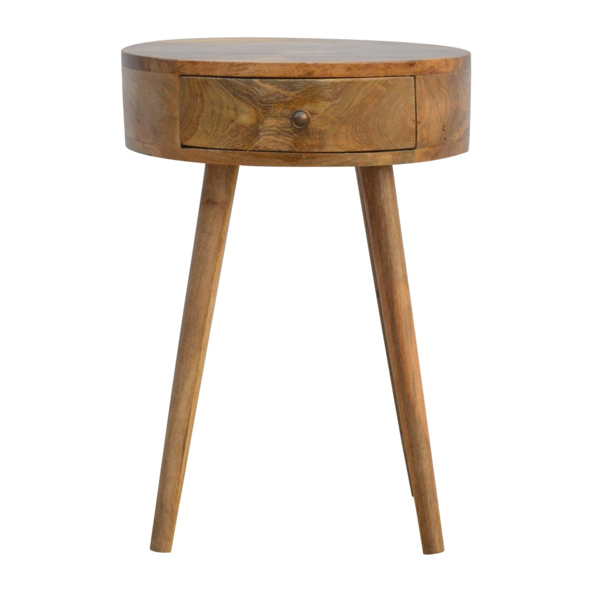 Table de chevet ronde en manguier massif teinte naturelle, découpe circulaire et bouton brillant