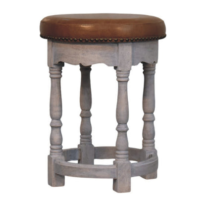 Tabouret à assise cuir cloutée en manguier massif – Délavé vintage – vue 2