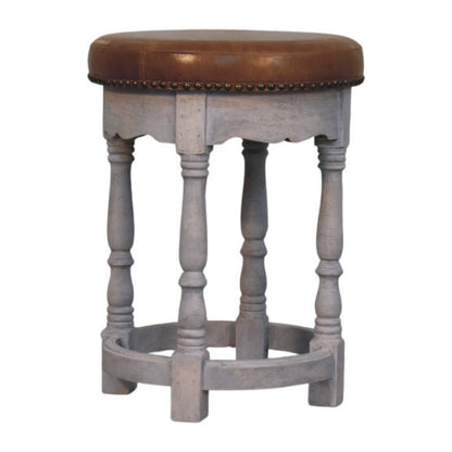 Tabouret à assise cuir cloutée en manguier massif – Délavé vintage – vue 3