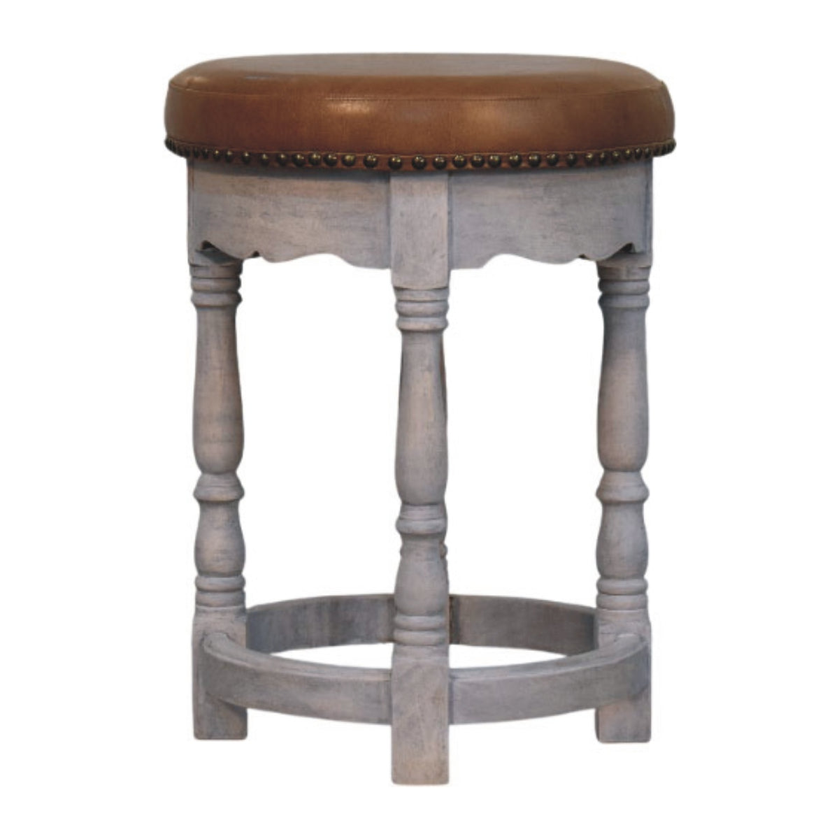 Tabouret à assise cuir cloutée en manguier massif – Délavé vintage – vue 4