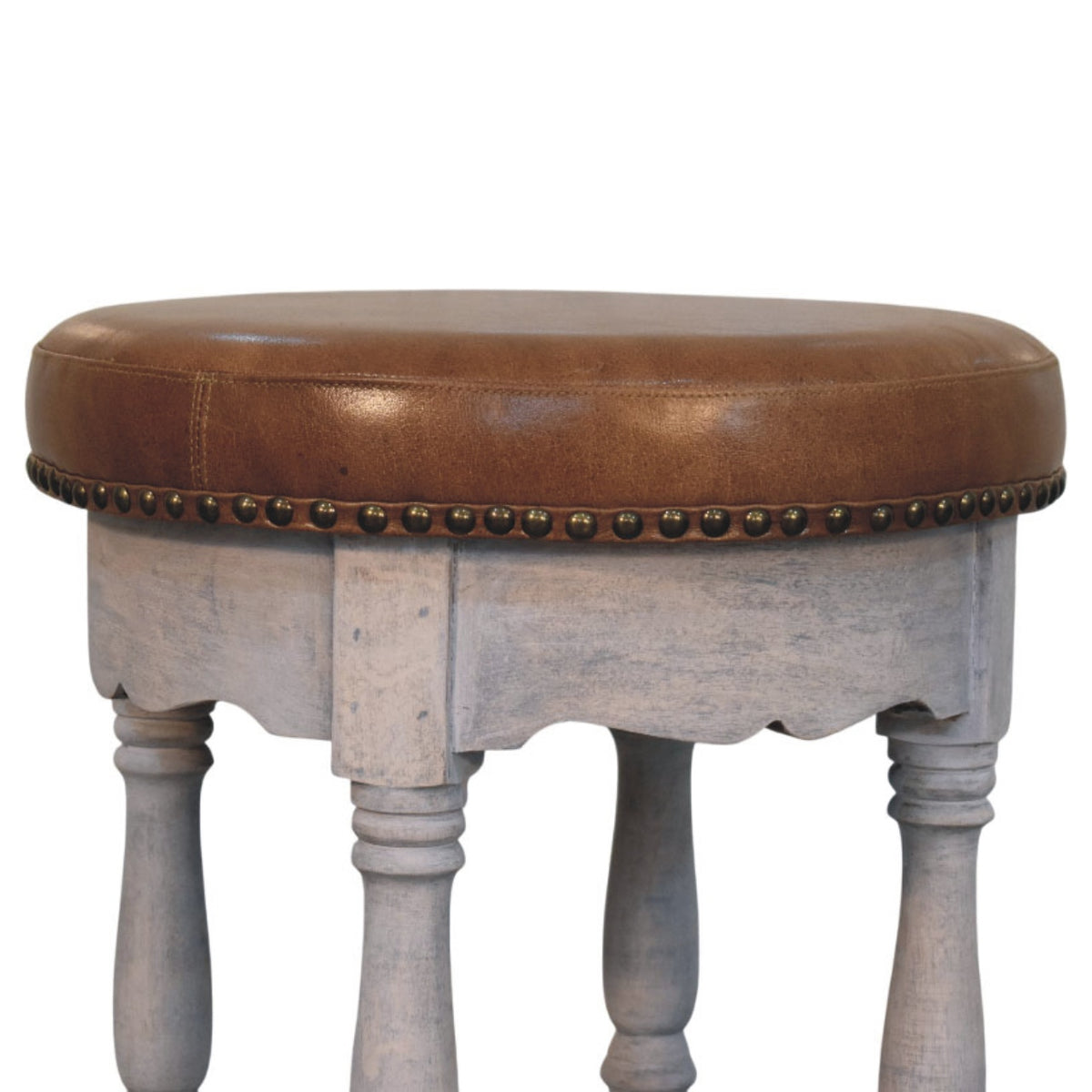 Tabouret à assise cuir cloutée en manguier massif – Délavé vintage – vue 5