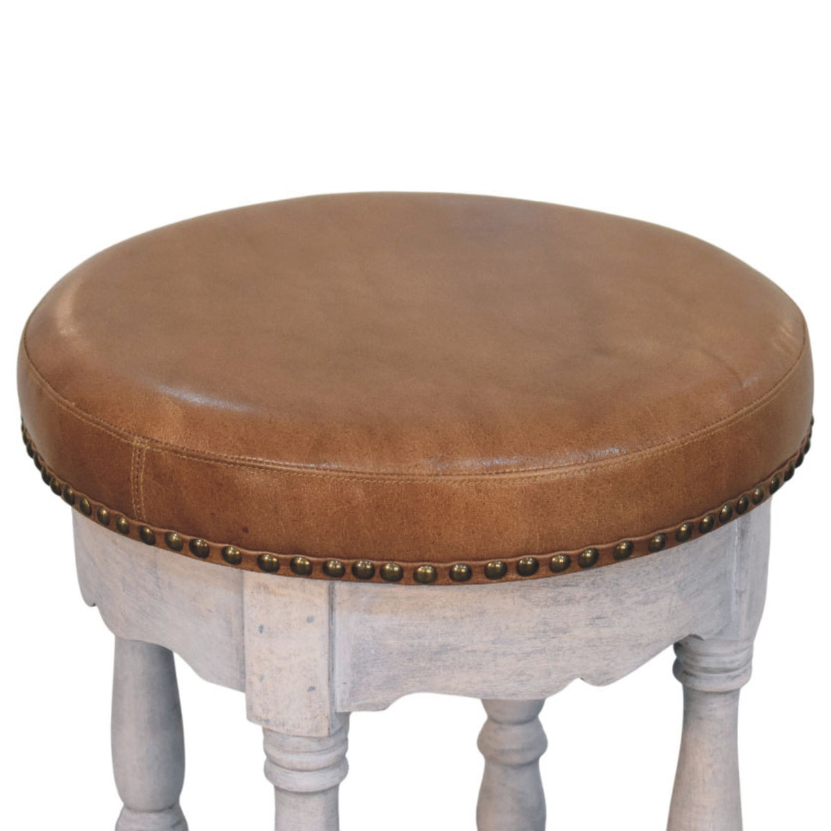 Tabouret à assise cuir cloutée en manguier massif – Délavé vintage – vue 7