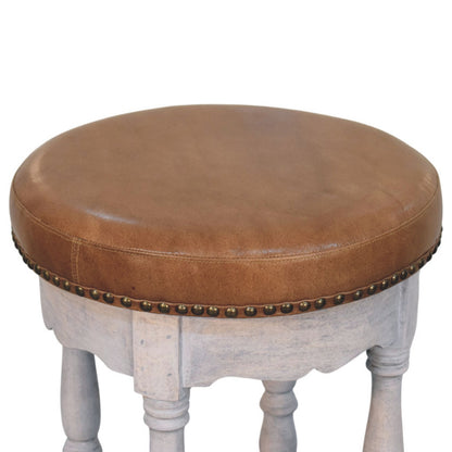 Tabouret à assise cuir cloutée en manguier massif – Délavé vintage – vue 7