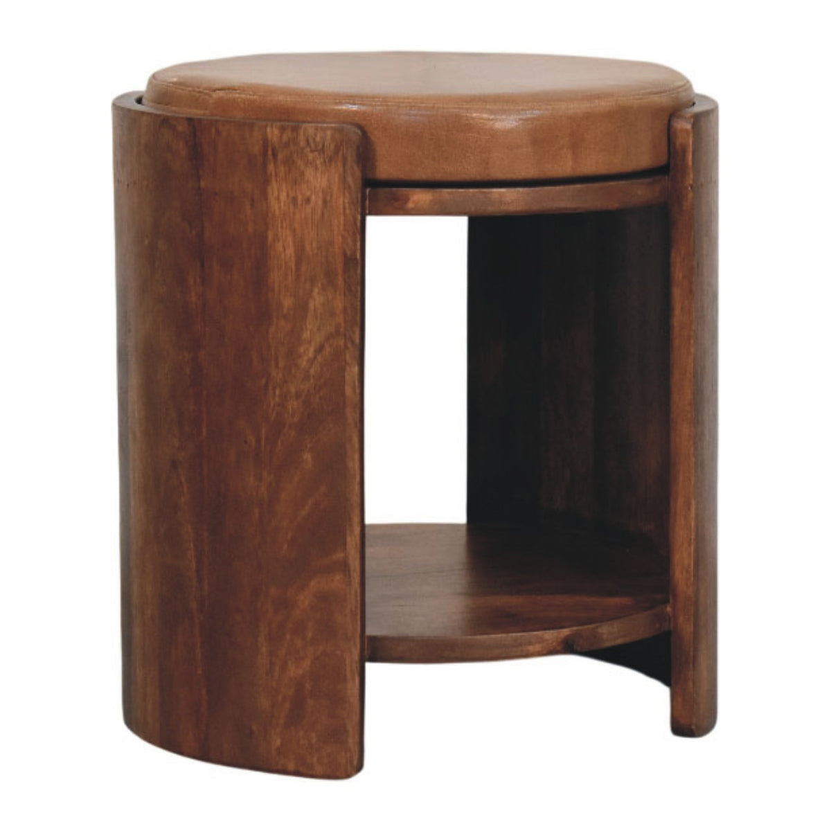 Tabouret assise cuir à étagère en manguier massif – Amande grillée – vue 3