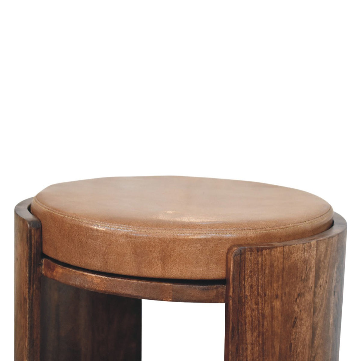 Tabouret assise cuir à étagère en manguier massif – Amande grillée – vue 4