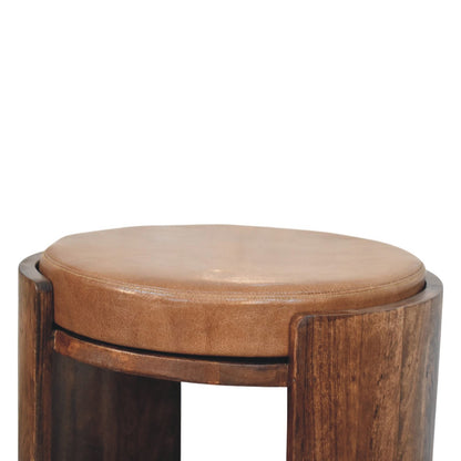 Tabouret assise cuir à étagère en manguier massif – Amande grillée – vue 4