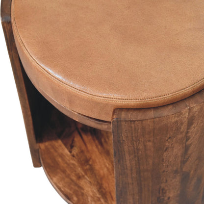 Tabouret assise cuir à étagère en manguier massif – Amande grillée – vue 5