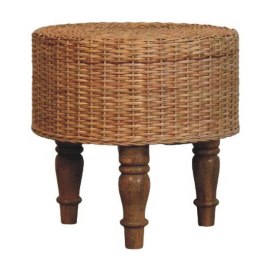 Tabouret rond à assise tressée, pieds tournés en bois massif